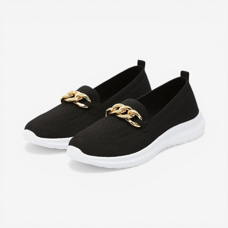 Women Non-Slip Slip-On Shoes Mesh Buckle Gold Chain Detail