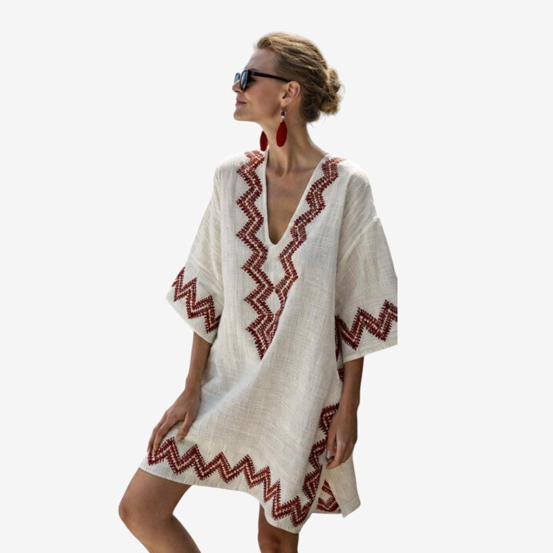 Chic Bohemian Midi Dress with Short Sleeves