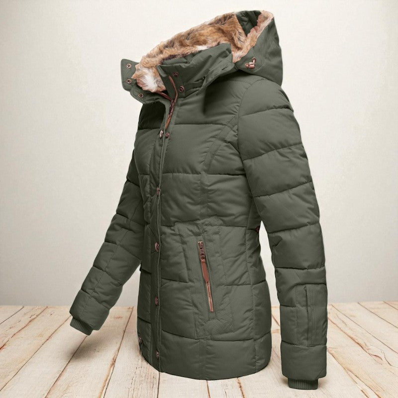 Jessica – Gewatteerde jas met lange mouwen kraagkap en ritszakken Velani