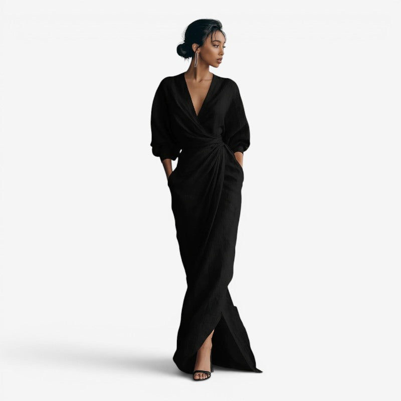 Elegant Women's V Neck Maxi Dress with Wrap Waist