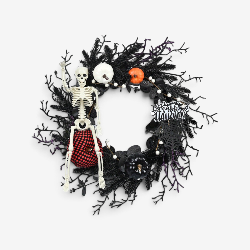 Spooky Skeleton and Pumpkin Halloween Wreath