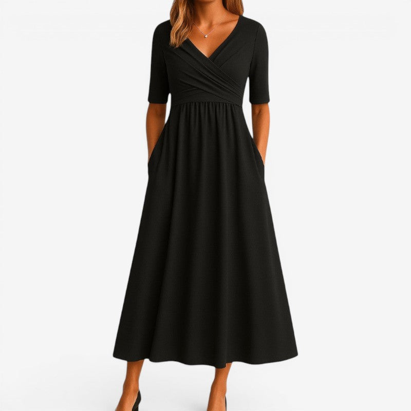 Women’s V-Neck Midi Dress Short Sleeve with Side Pockets