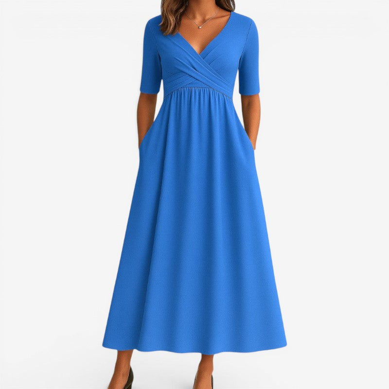 Women’s V-Neck Midi Dress Short Sleeve with Side Pockets