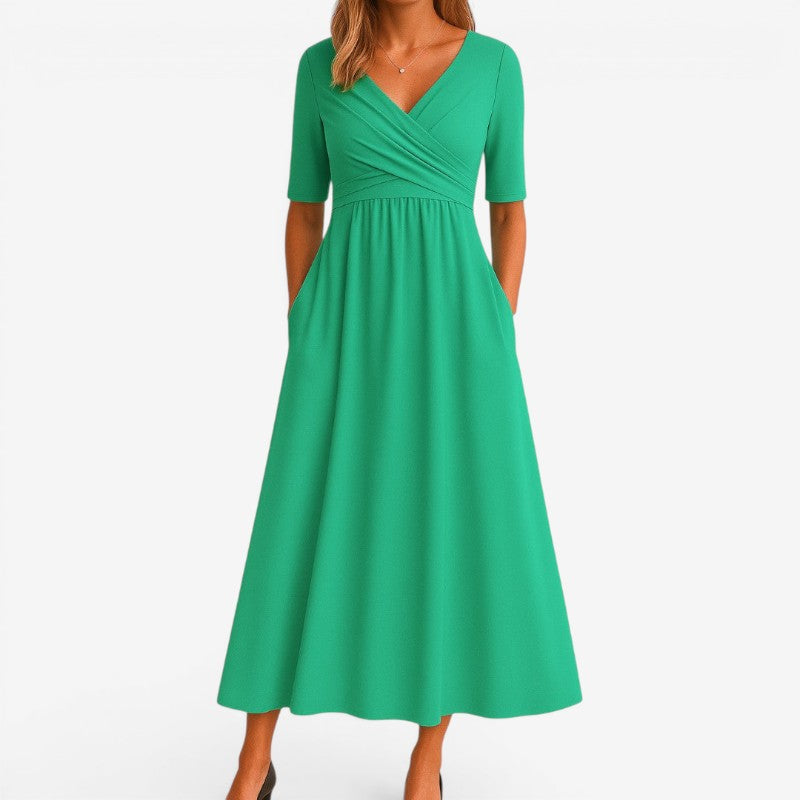 Women’s V-Neck Midi Dress Short Sleeve with Side Pockets
