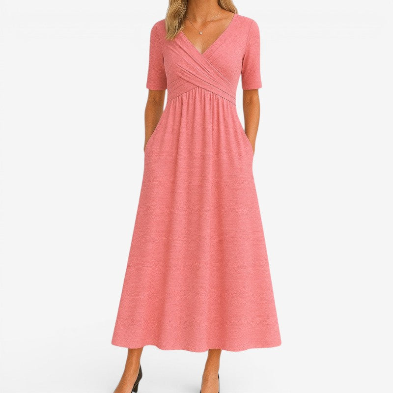 Women’s V-Neck Midi Dress Short Sleeve with Side Pockets