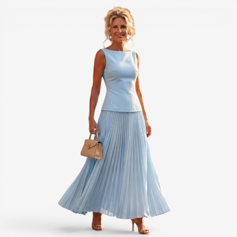Elegant Women’s Pleated Skirt Set with Slash Neck