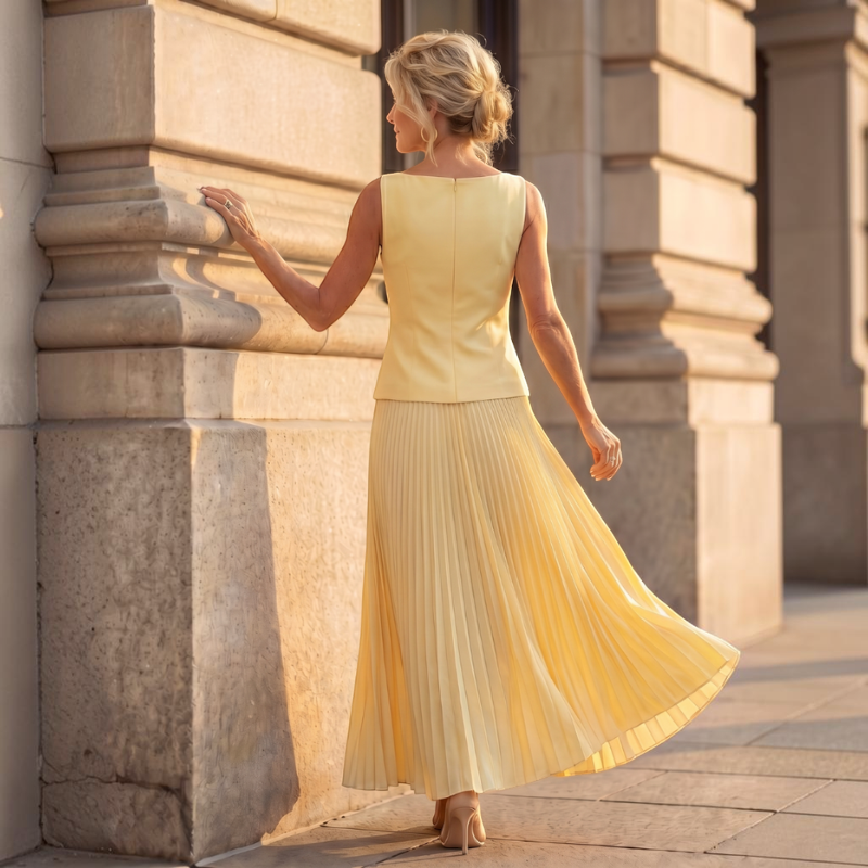 Elegant Women’s Pleated Skirt Set with Slash Neck