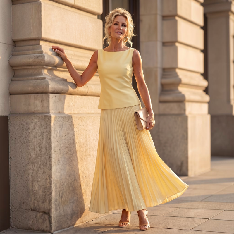 Elegant Women’s Pleated Skirt Set with Slash Neck