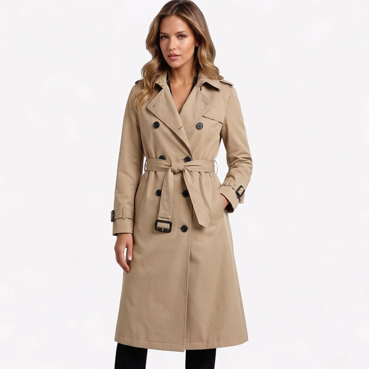 Sarah – Long Trench Coat with Belt and Button Closure