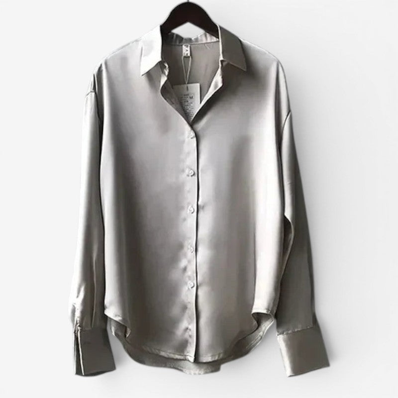 Women’s Satin Finish Button Front Blouse Long Sleeve