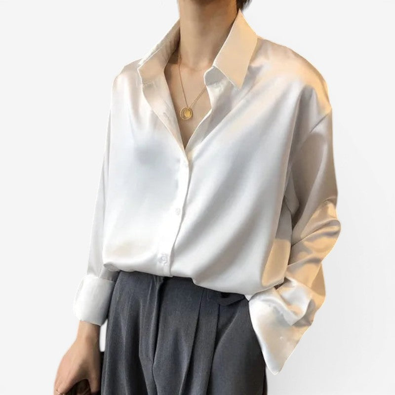 Women’s Satin Finish Button Front Blouse Long Sleeve