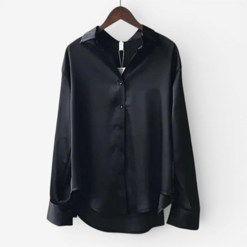 Women’s Satin Finish Button Front Blouse Long Sleeve