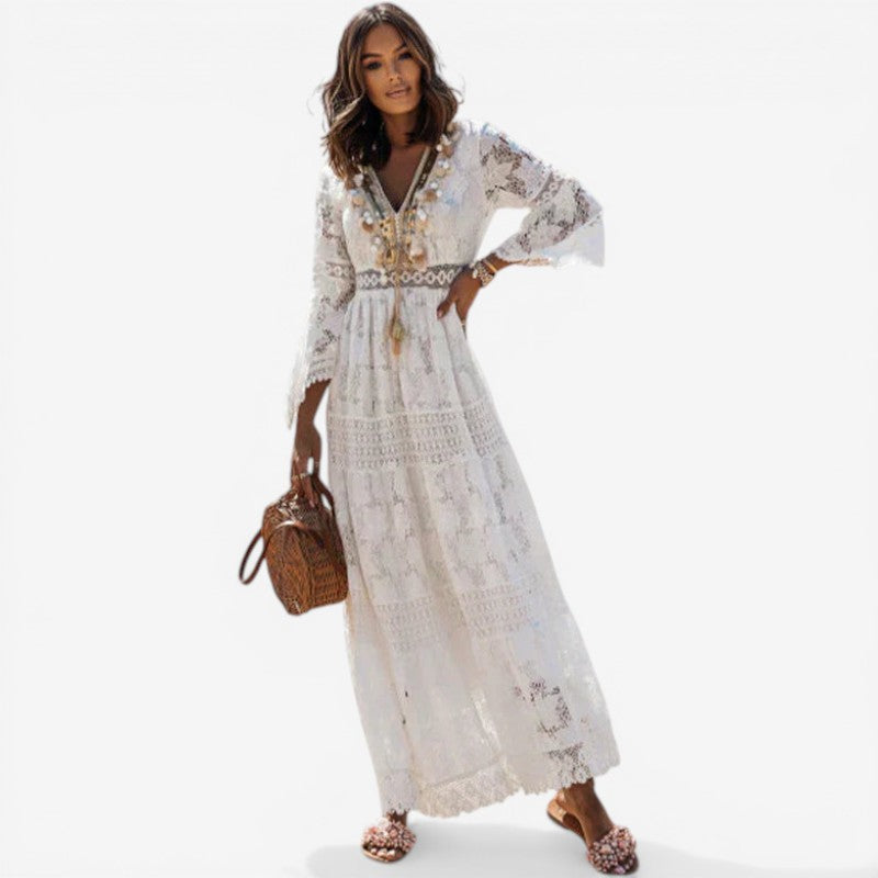 Women V-Neck Long Sleeve Maxi Dress