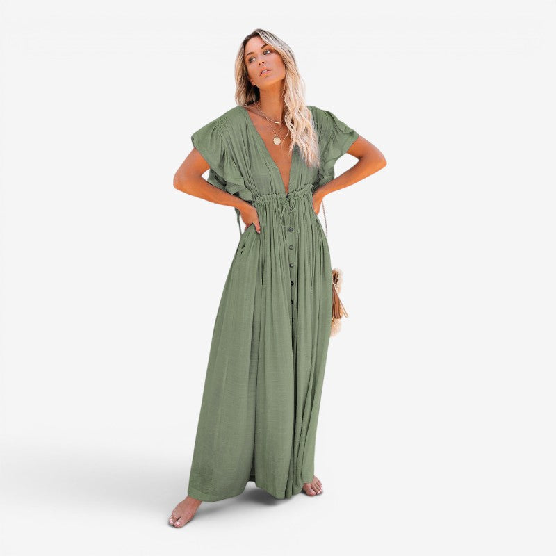 Women’s Maxi Dress V Neck Button Front