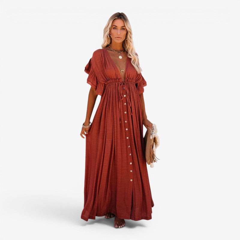 Women’s Maxi Dress V Neck Button Front