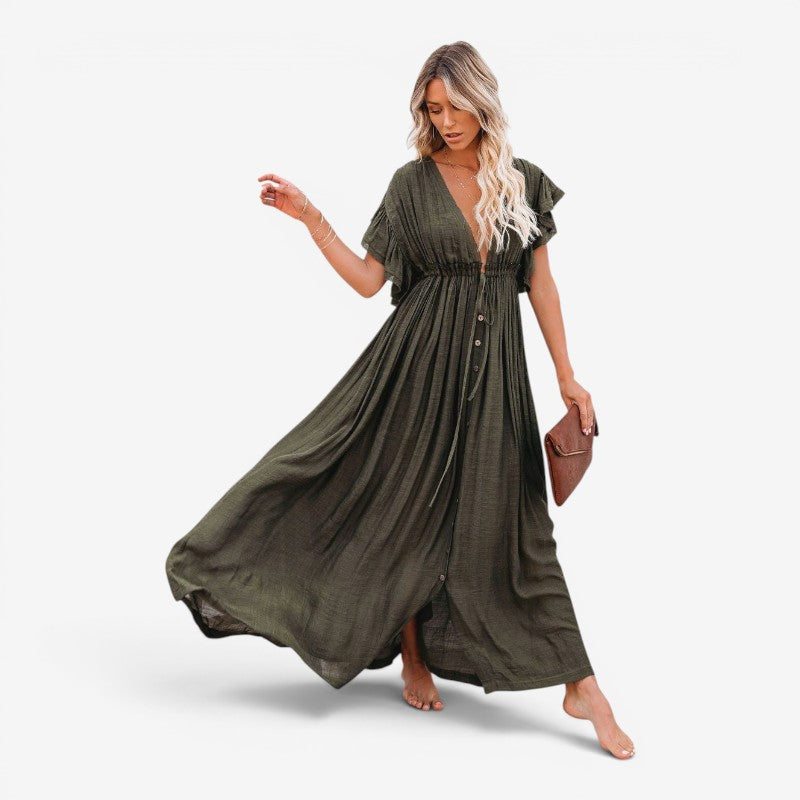 Women’s Maxi Dress V Neck Button Front
