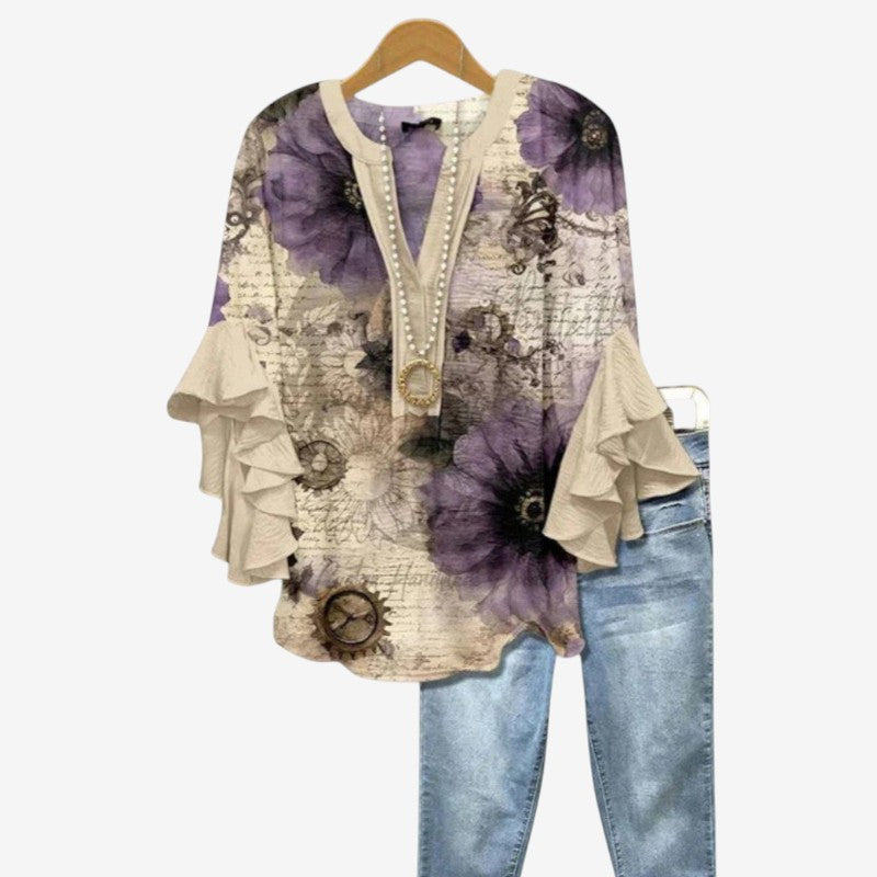 Elegant Women's Printed Blouse with Deep V Neck