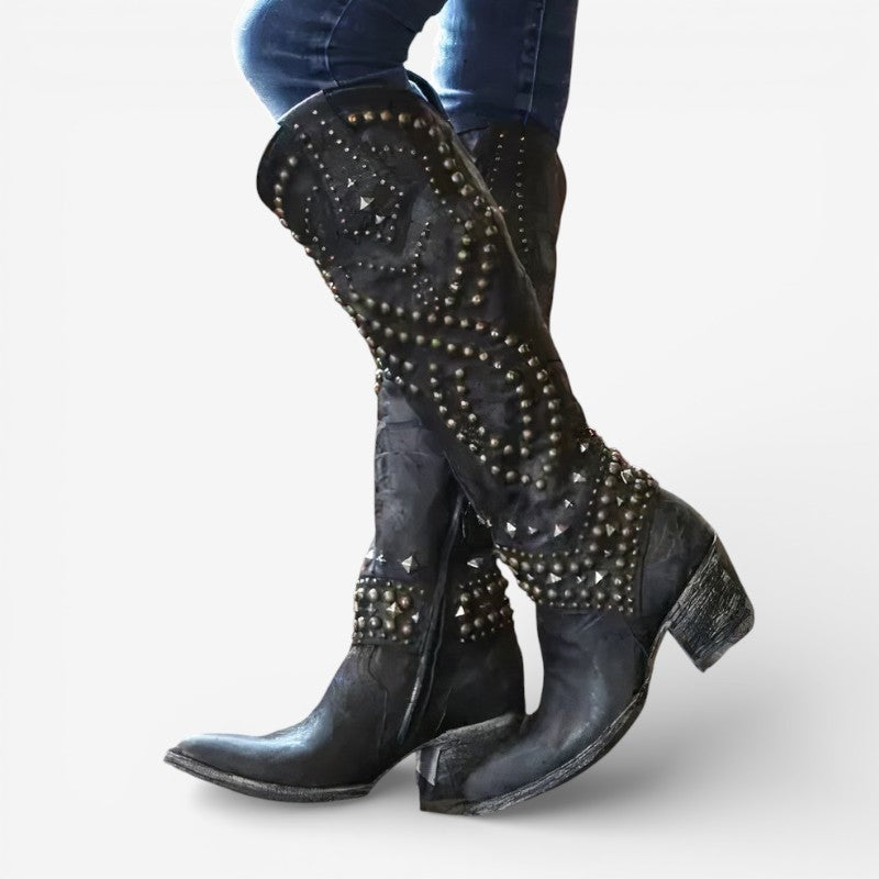 Maya – Knee High Pointed Toe Boots with Decorative Pearls