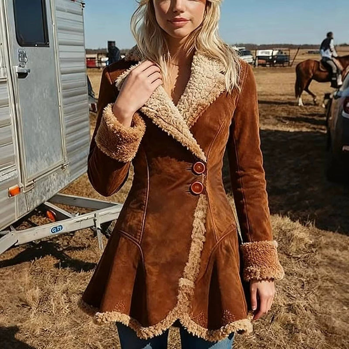 Edging - Women's Short Coat with Notched Collar and Two-Button Closure