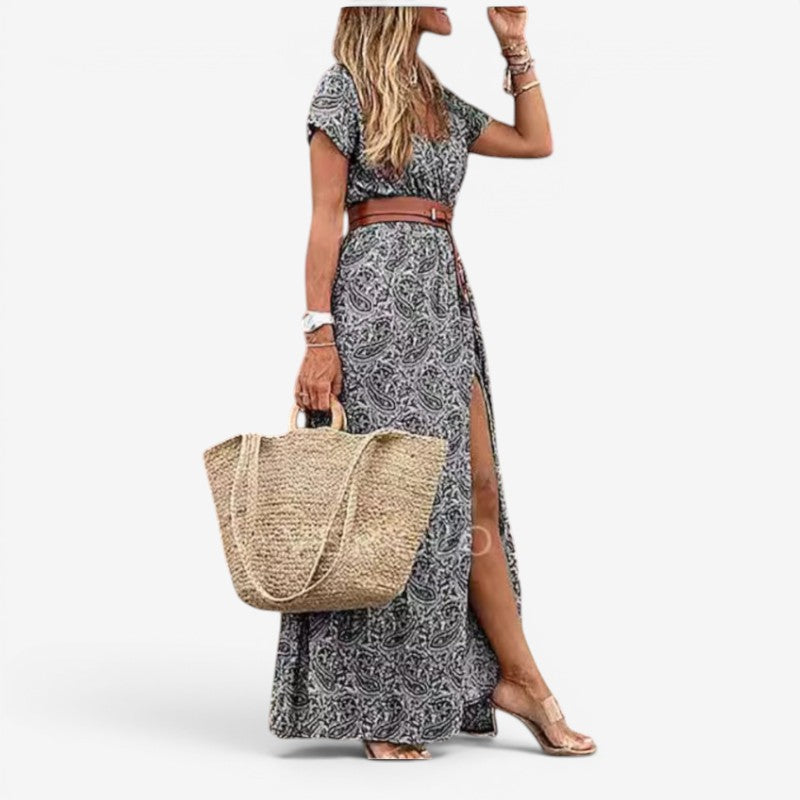 Women's Floral Print Maxi Dress with Belt Waist