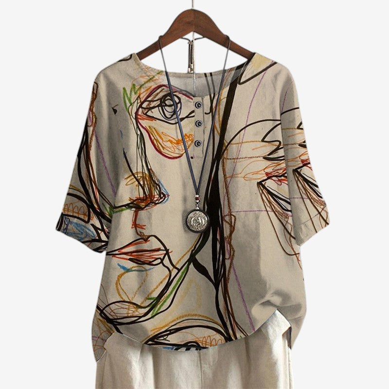 Women's Oversized Printed Blouse with O Neck