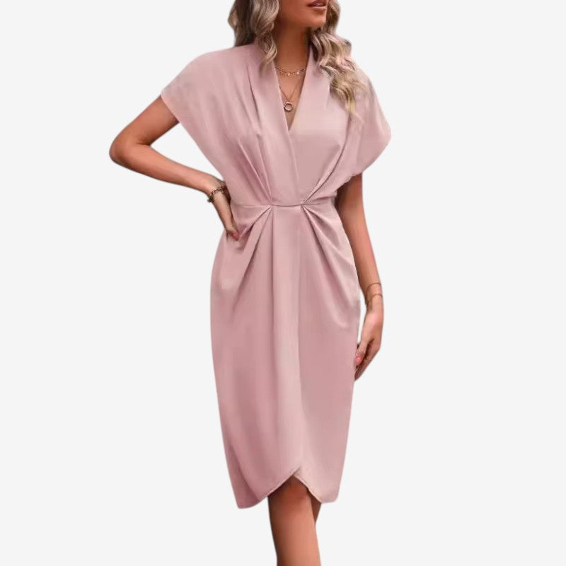 Women's Elegant Midi Dress with V-Neck and Twisted Waist