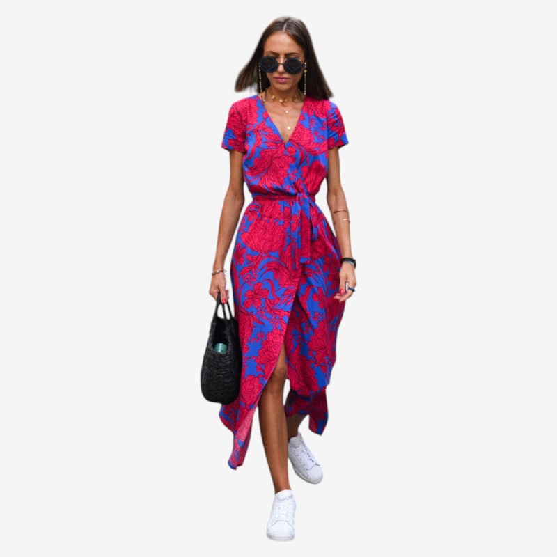 Women's V Neck Midi Dress with Waist Belt