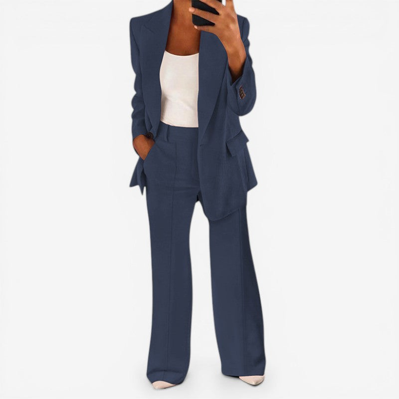 Women Blazer & Tailored Trousers Set One Button Closure
