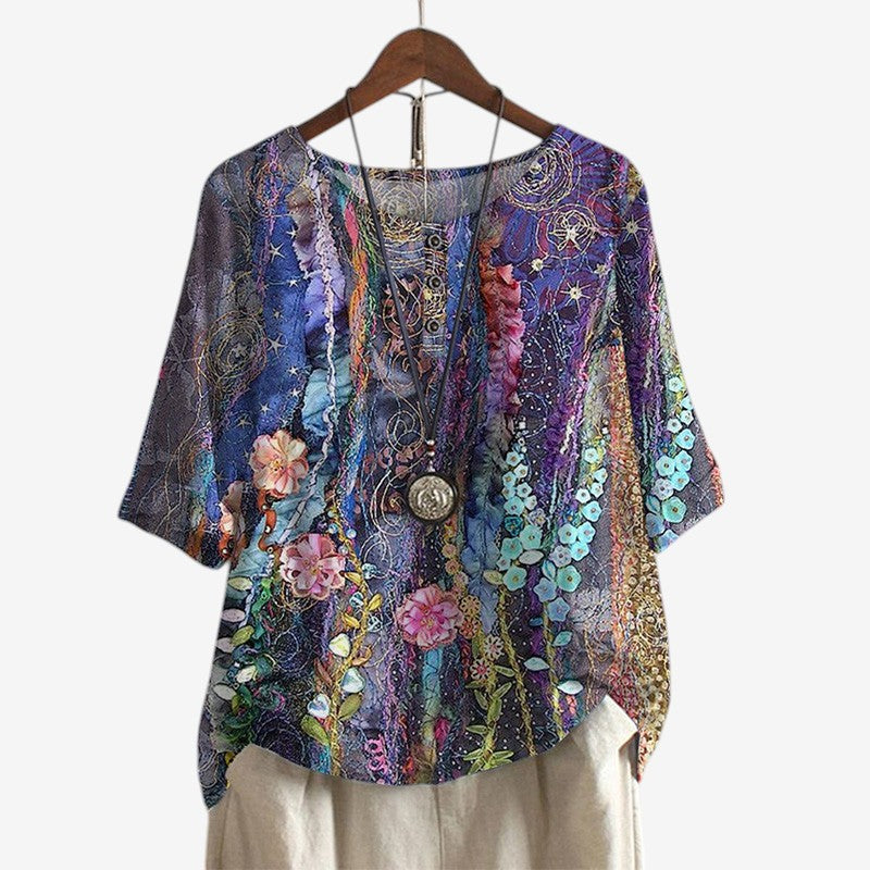 Women's Oversized Printed Blouse with O Neck