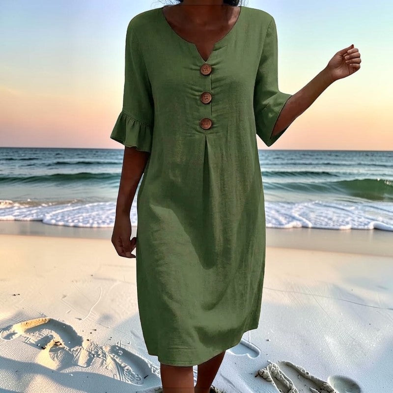 Stylish Women's V Neck Midi Dress with Button Front