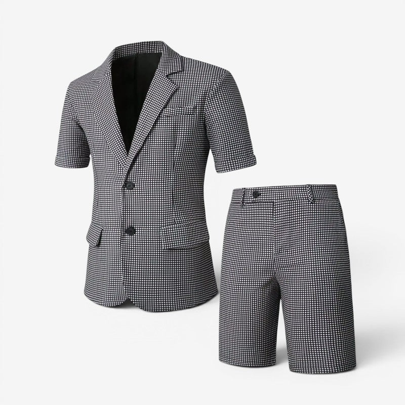 Men's Short Sleeve Plaid Blazer and Trousers Set