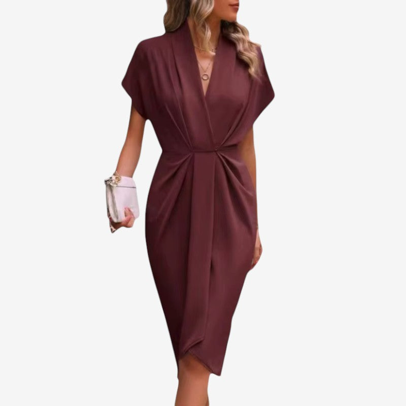 Women's Elegant Midi Dress with V-Neck and Twisted Waist
