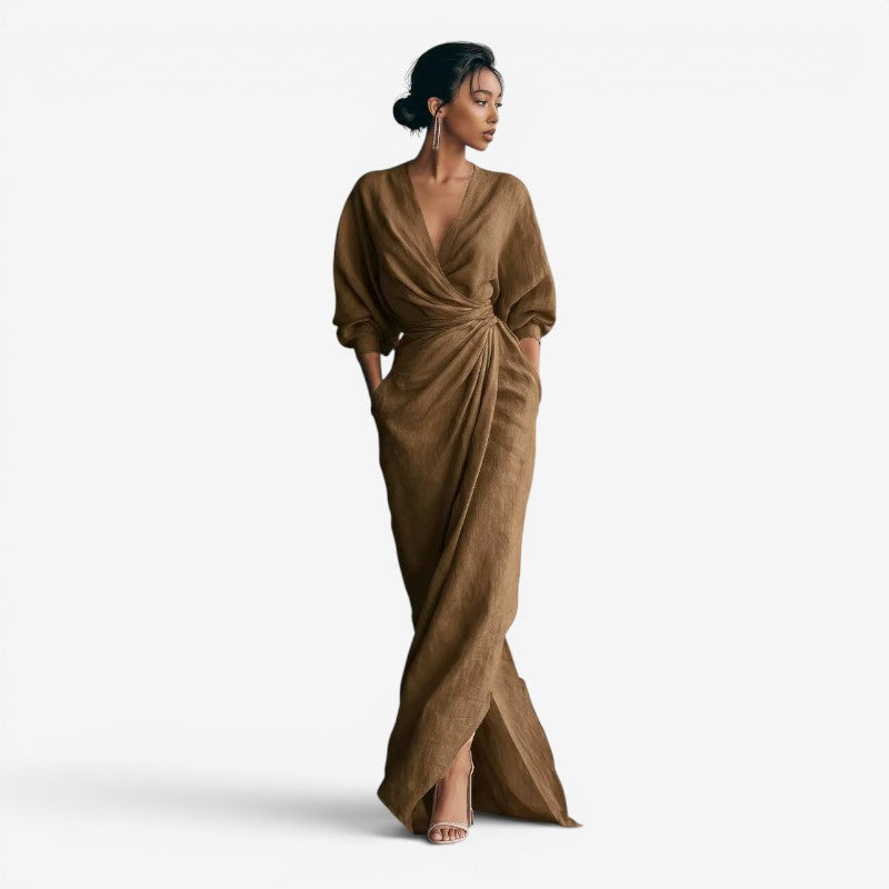 Elegant Women's V Neck Maxi Dress with Wrap Waist