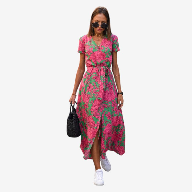 Women's V Neck Midi Dress with Waist Belt