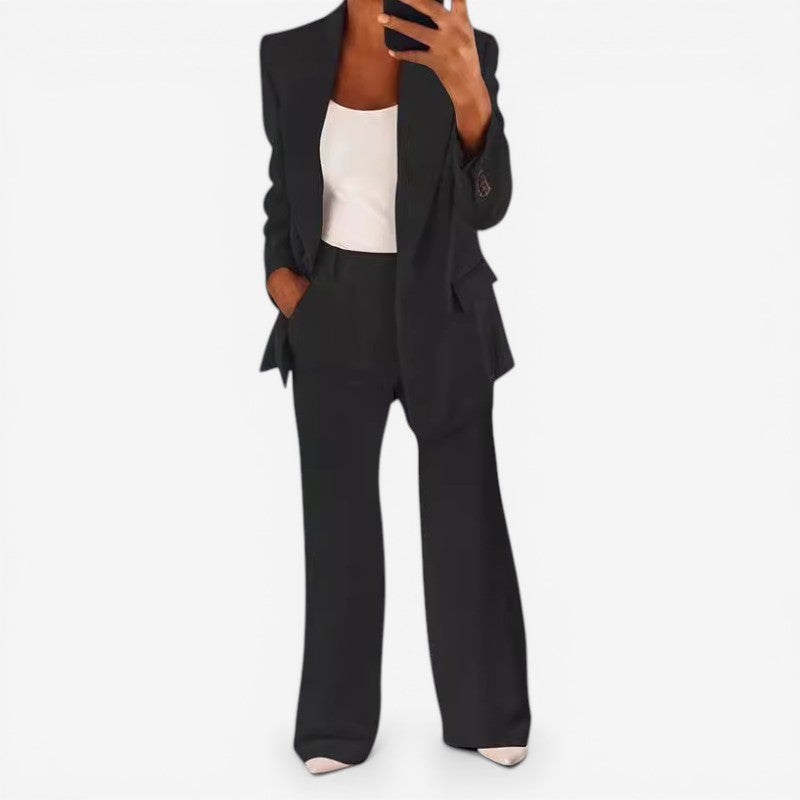 Women Blazer & Tailored Trousers Set One Button Closure