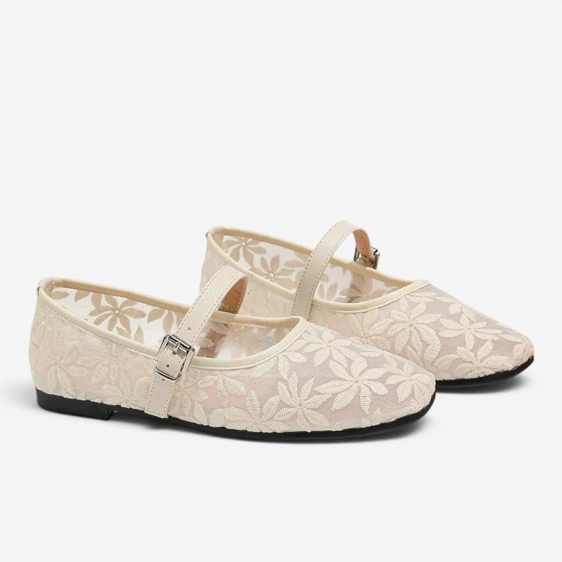 Square-Toed Ballerina Flats with Floral Embroidery