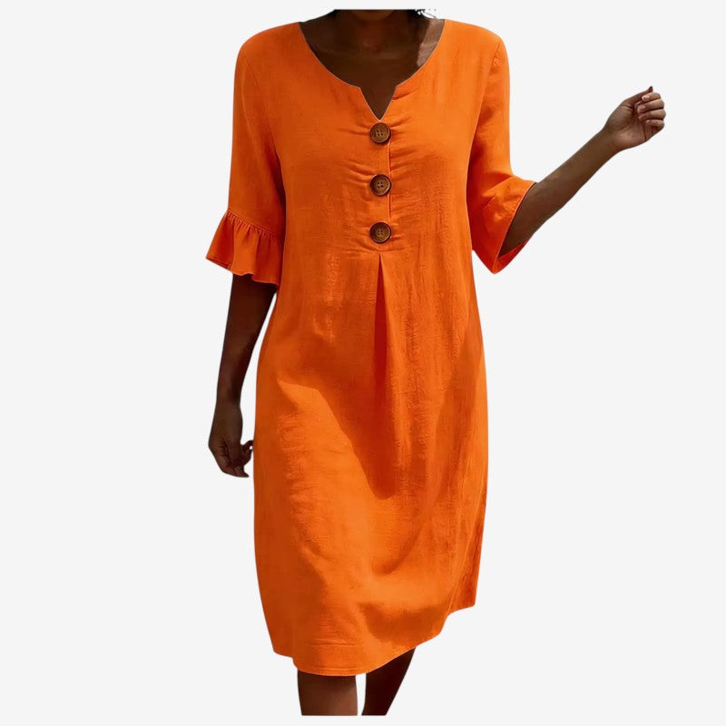 Stylish Women's V Neck Midi Dress with Button Front