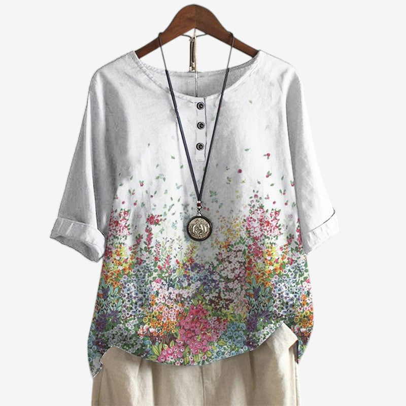 Women's Oversized Printed Blouse with O Neck