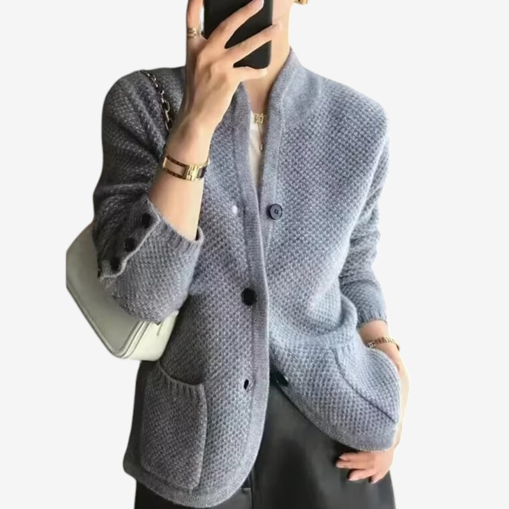 Weave - Women's Cardigan with High Collar and Patch Pockets