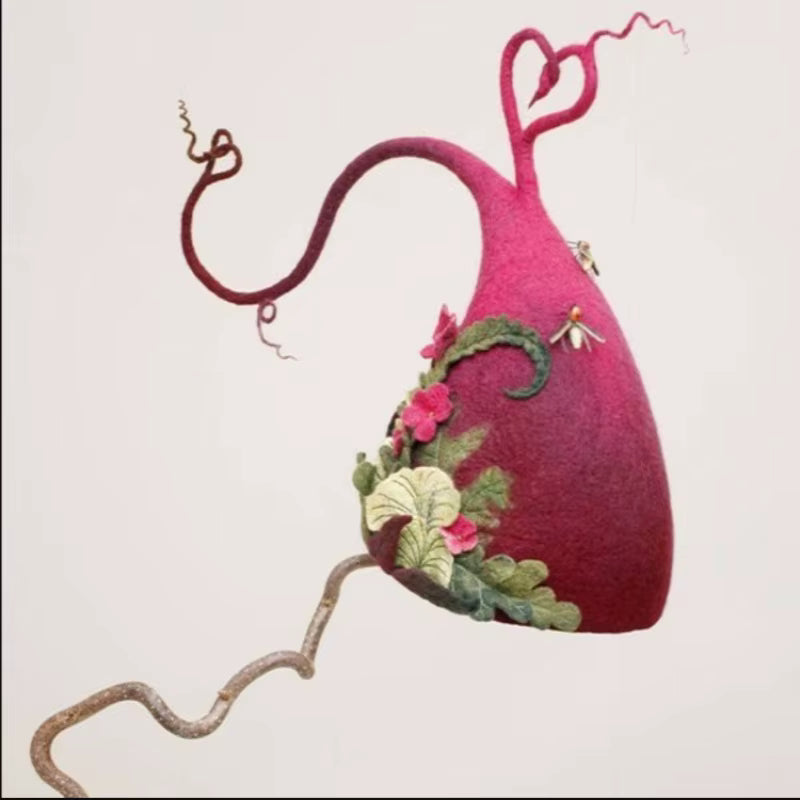 Floral Embellished Handmade Felt Witch Hat