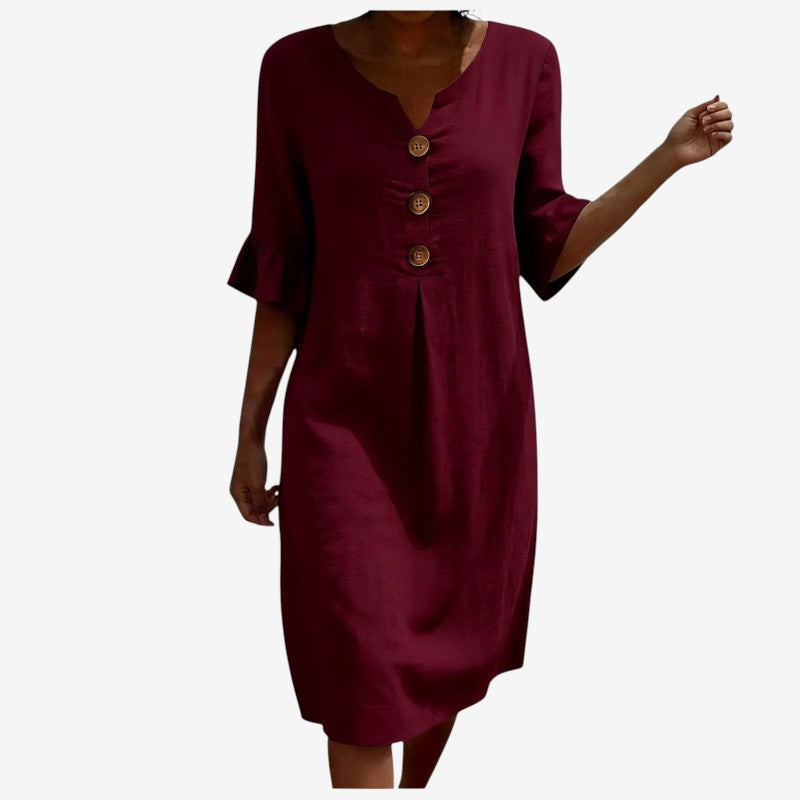 Stylish Women's V Neck Midi Dress with Button Front
