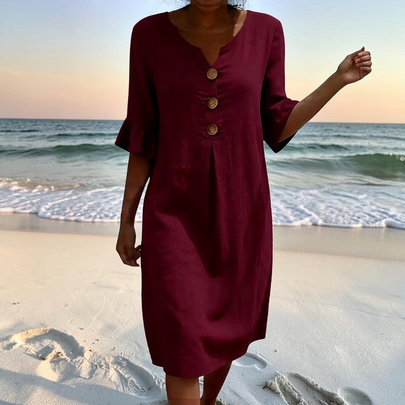 Stylish Women's V Neck Midi Dress with Button Front