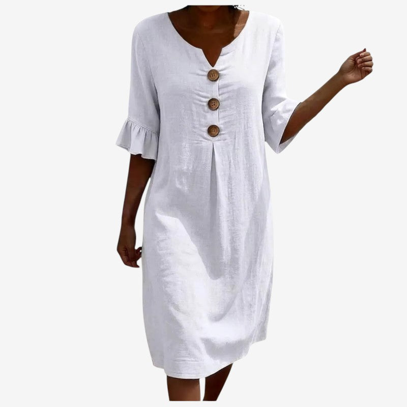 Stylish Women's V Neck Midi Dress with Button Front