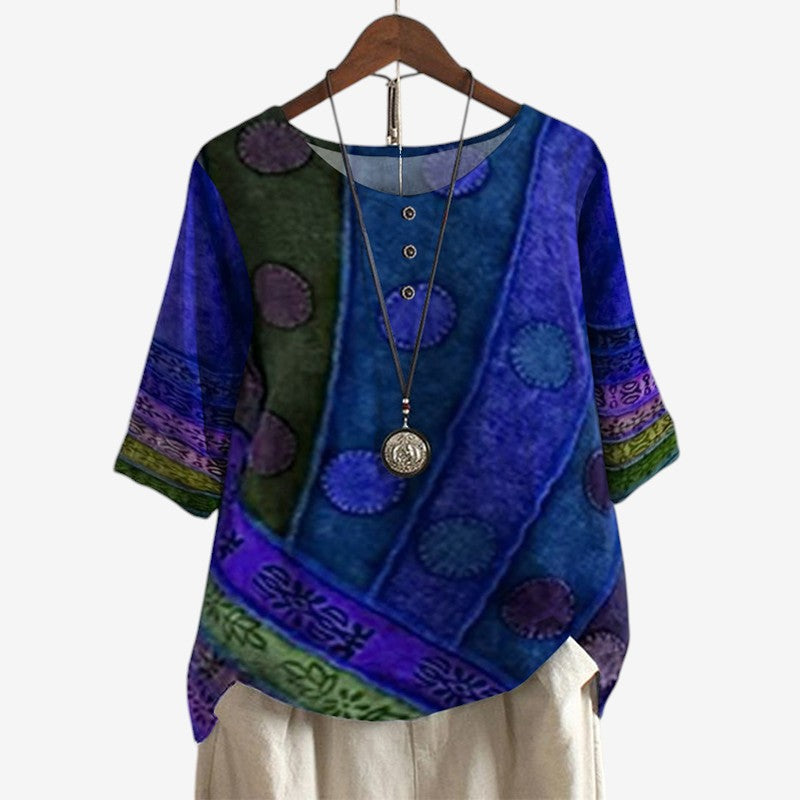 Women's Oversized Printed Blouse with O Neck