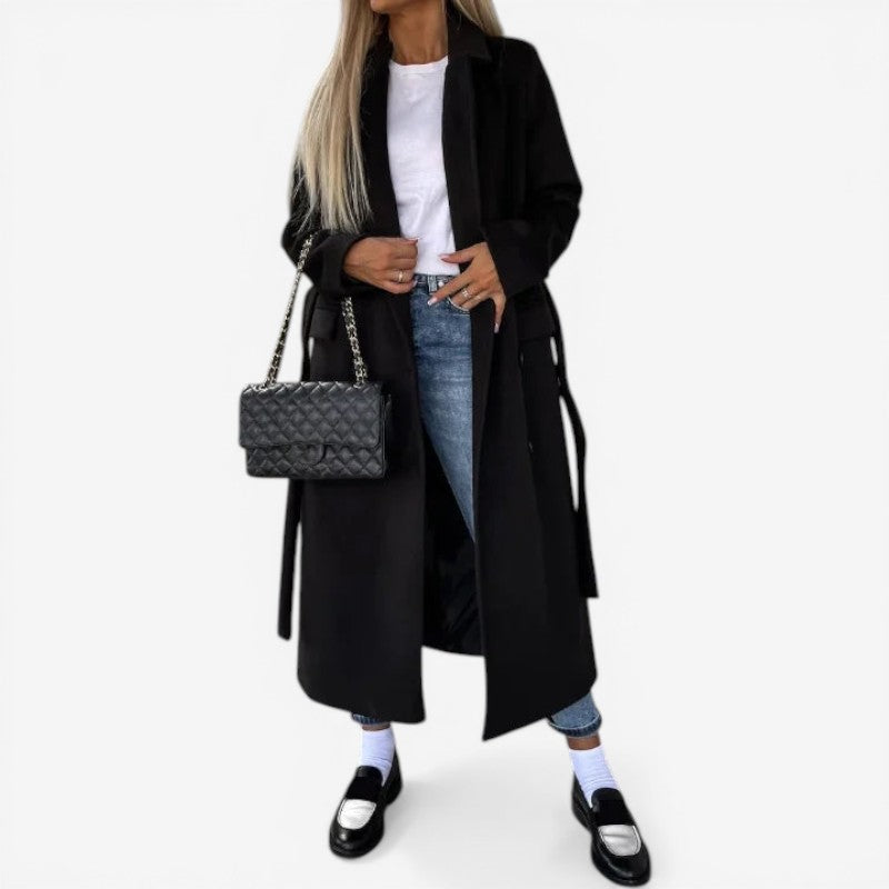 Women’s Belted Trench Coat Button Front Long Sleeve