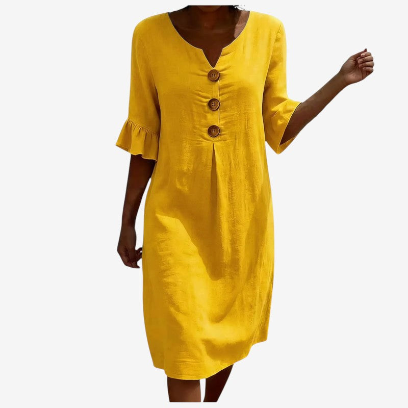 Stylish Women's V Neck Midi Dress with Button Front