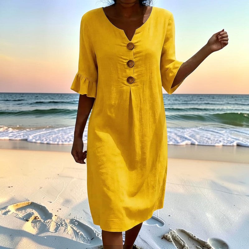 Stylish Women's V Neck Midi Dress with Button Front