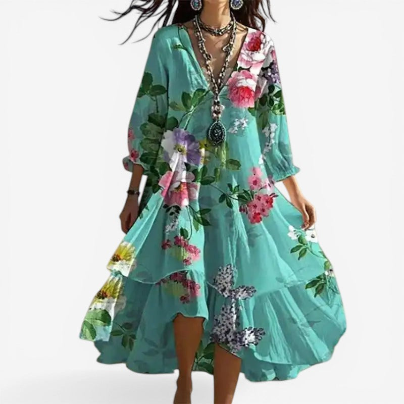 Amelia – Long Sleeved V Neck Floral Print Dress with Loose Fit