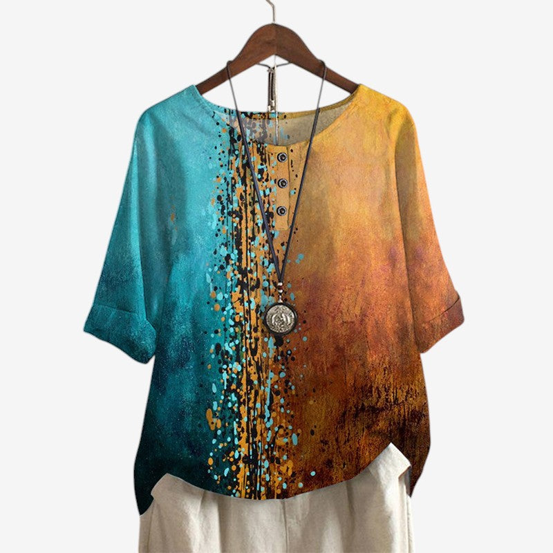 Women's Oversized Printed Blouse with O Neck