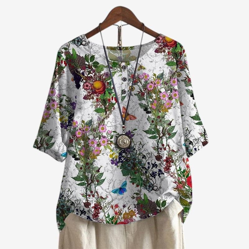 Women's Oversized Printed Blouse with O Neck